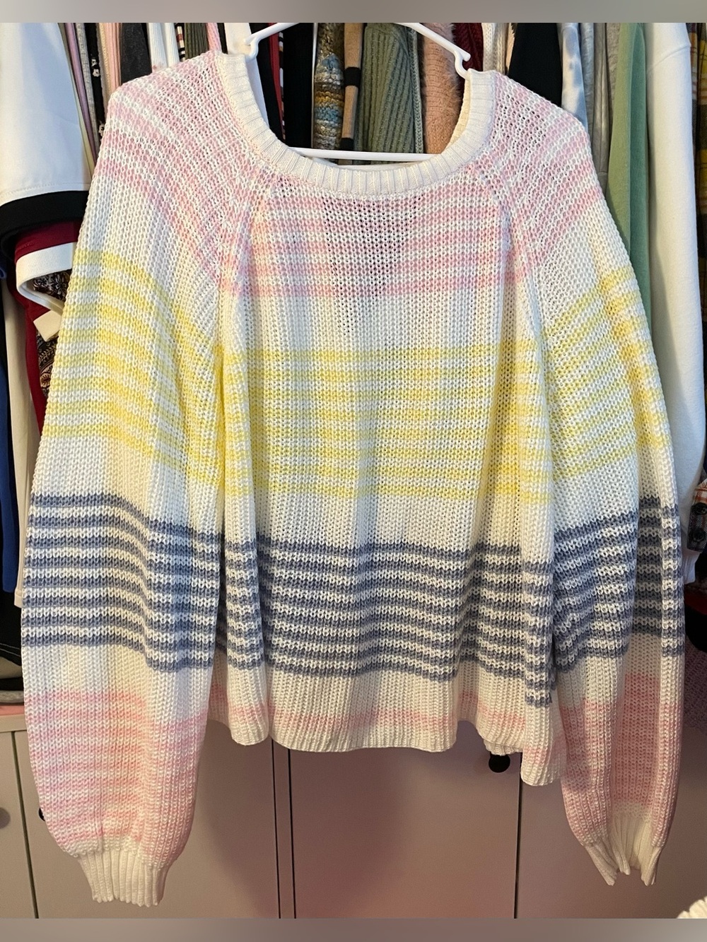 Altar'd State Pastel Striped Knit Sweater in White, Pink, Yellow & Blue
